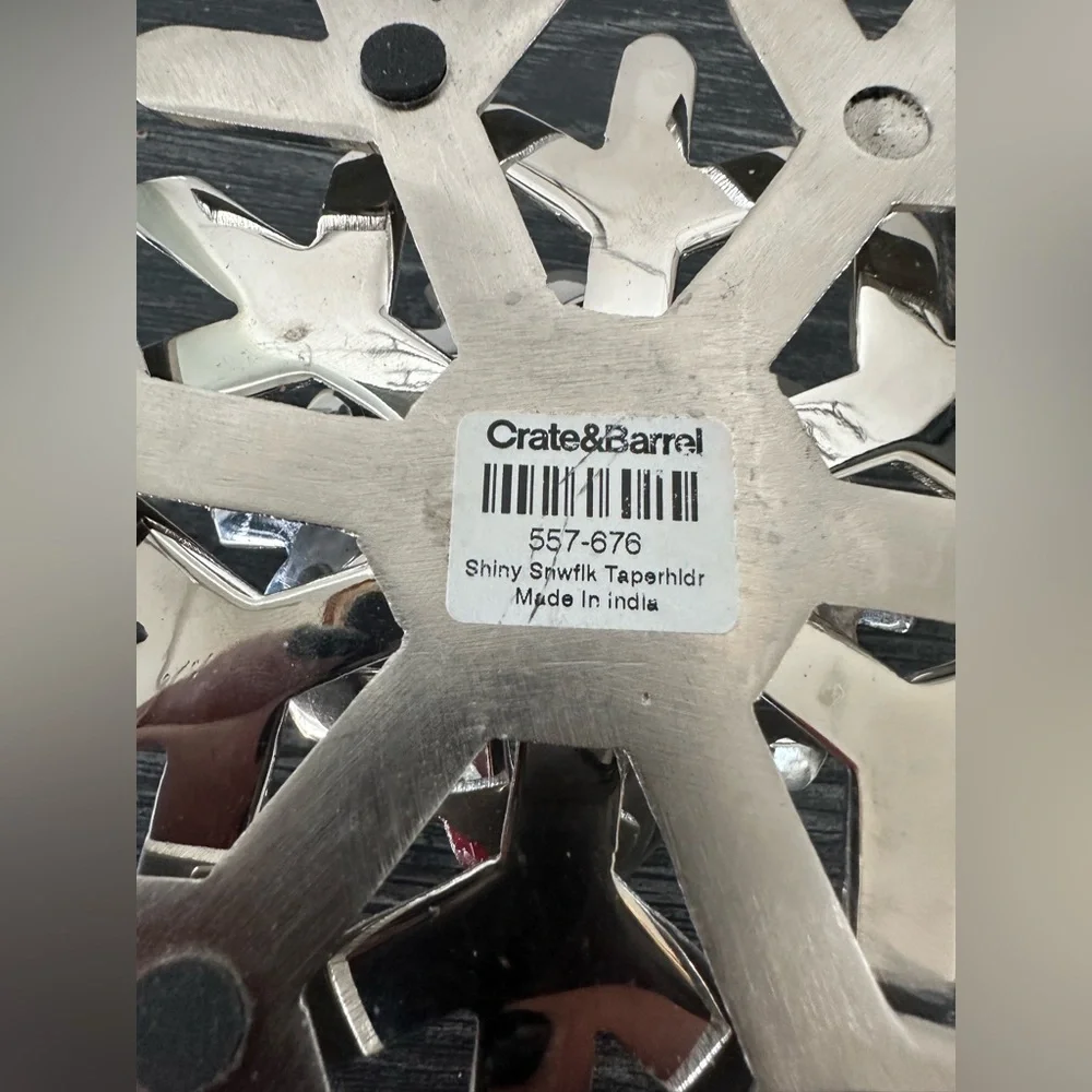 Crate & Barrel Pair of Shiny Snowflake Taper Holders